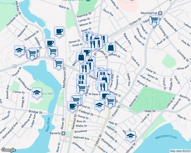 map of restaurants, bars, coffee shops, grocery stores, and more near 13 Chestnut Park in Beverly