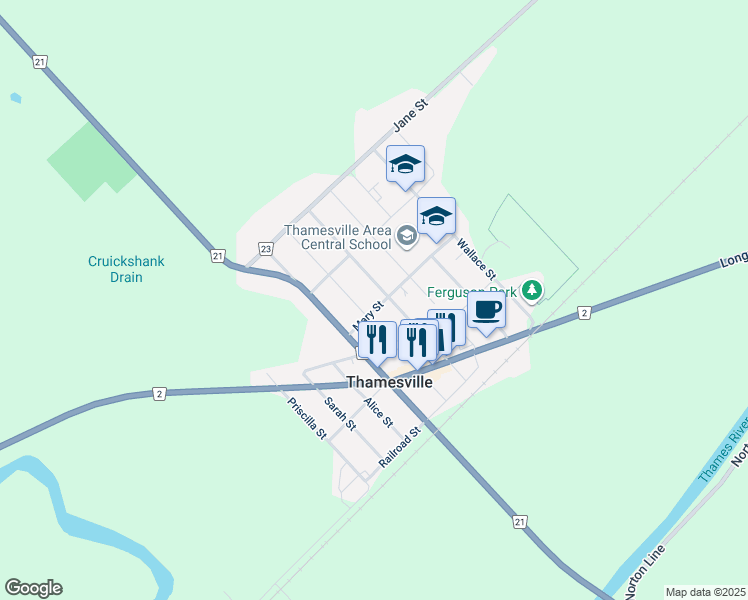 map of restaurants, bars, coffee shops, grocery stores, and more near 64 Mary Street in Chatham-Kent