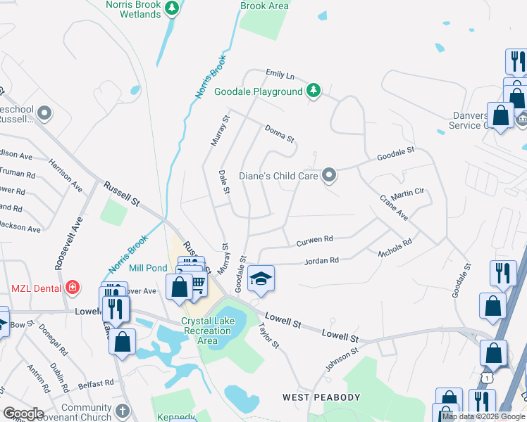 map of restaurants, bars, coffee shops, grocery stores, and more near 28 Dale Street in Peabody