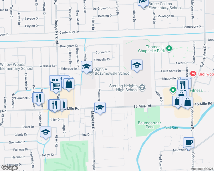 map of restaurants, bars, coffee shops, grocery stores, and more near 35364 Monza Court in Sterling Heights