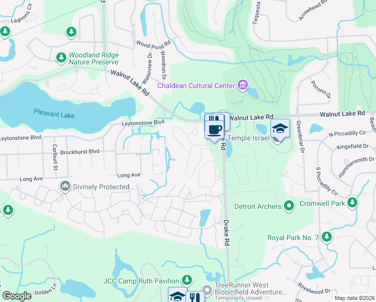 map of restaurants, bars, coffee shops, grocery stores, and more near 6176 Palomino Court in West Bloomfield Township