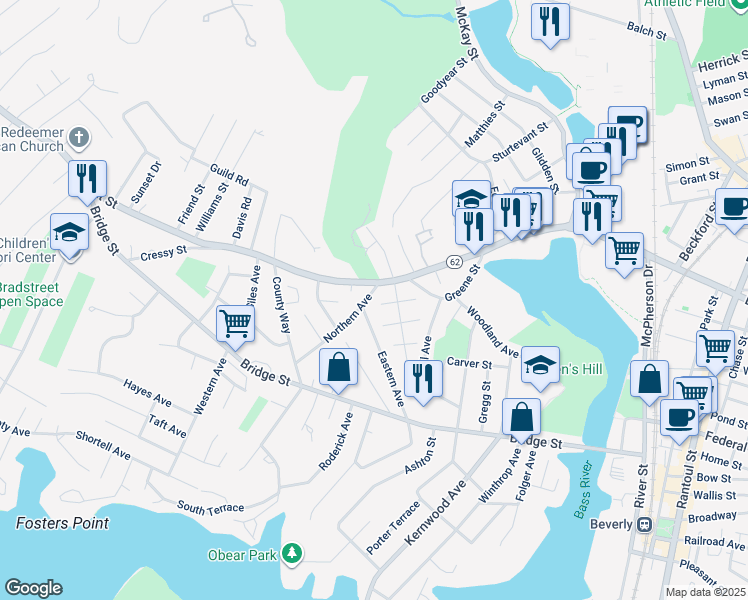 map of restaurants, bars, coffee shops, grocery stores, and more near 362 Elliott Street in Beverly