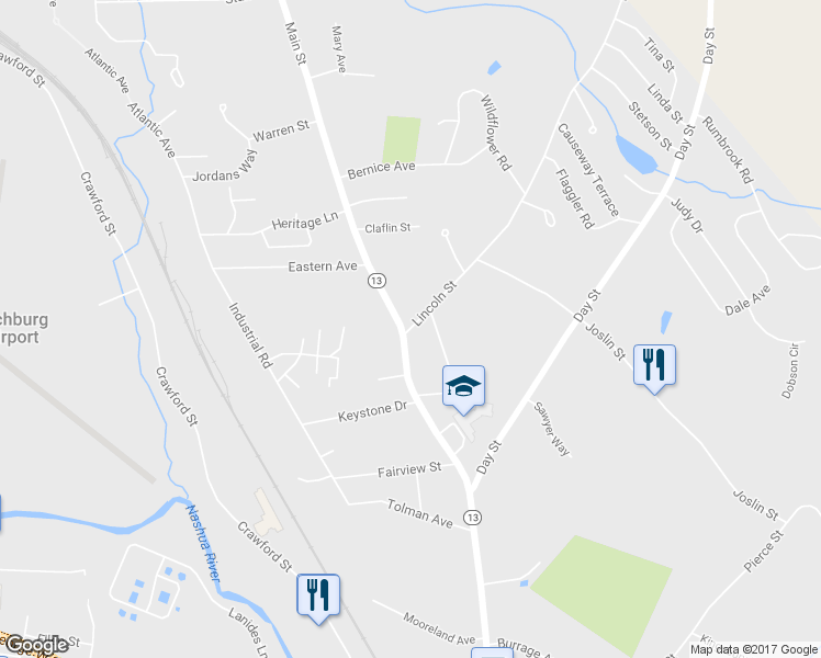 map of restaurants, bars, coffee shops, grocery stores, and more near 16 Lincoln Street in Leominster