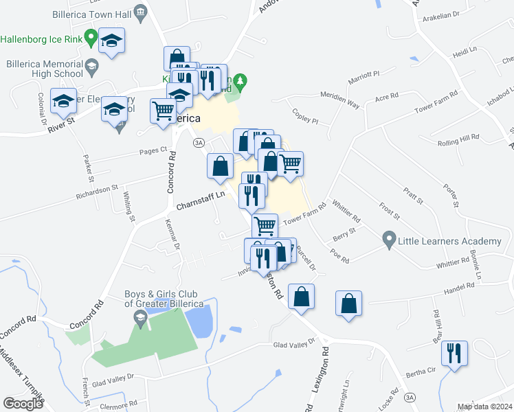 map of restaurants, bars, coffee shops, grocery stores, and more near 502 Boston Road in Billerica