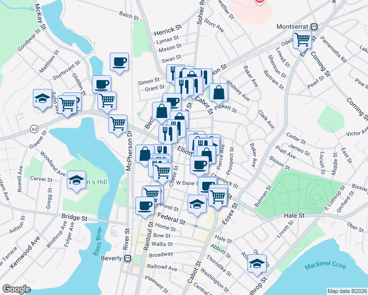 map of restaurants, bars, coffee shops, grocery stores, and more near in Beverly