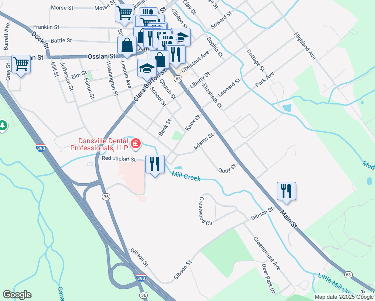 map of restaurants, bars, coffee shops, grocery stores, and more near 14 Adams Street in Dansville