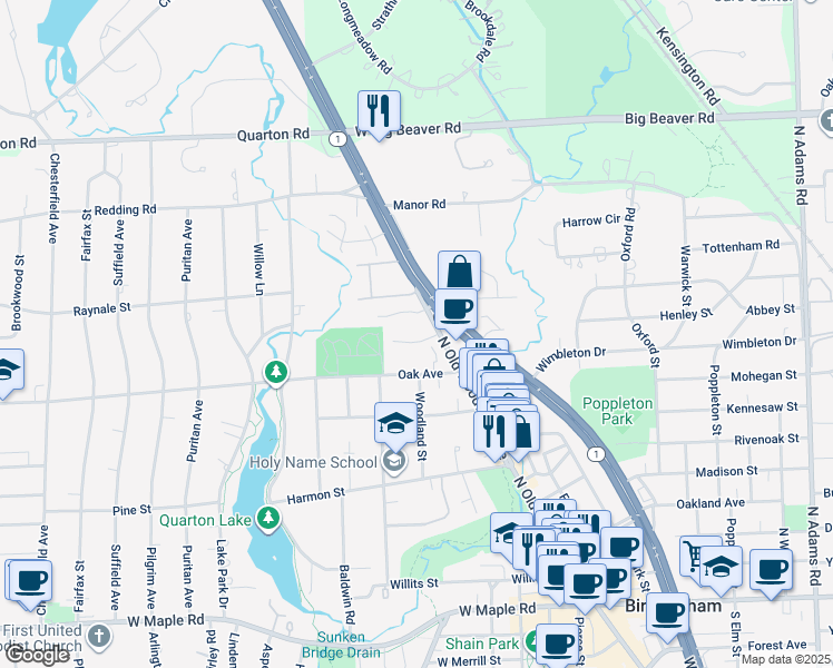 map of restaurants, bars, coffee shops, grocery stores, and more near 1027 North Old Woodward Avenue in Birmingham