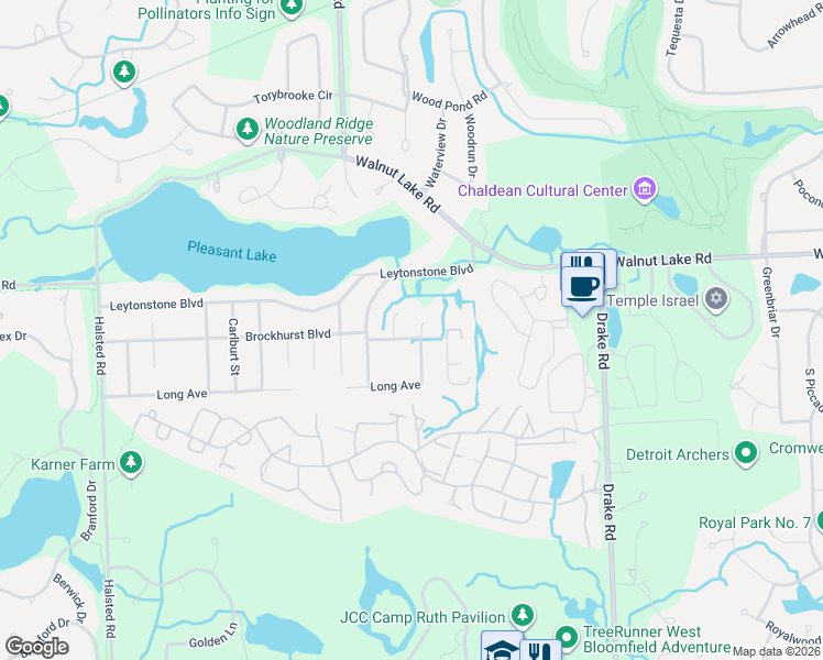 map of restaurants, bars, coffee shops, grocery stores, and more near 6340 Brockhurst Boulevard in West Bloomfield Township