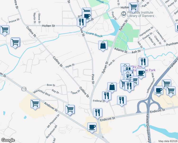 map of restaurants, bars, coffee shops, grocery stores, and more near 185 Pine Street in Danvers