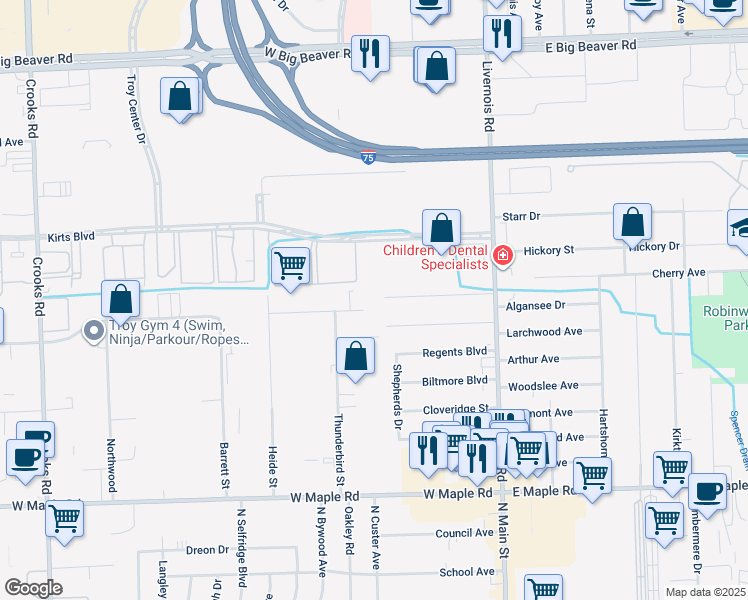 map of restaurants, bars, coffee shops, grocery stores, and more near 352 Oliver Drive in Troy