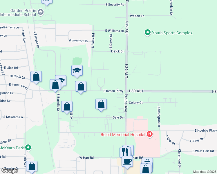 map of restaurants, bars, coffee shops, grocery stores, and more near 1673 East Inman Parkway in Beloit