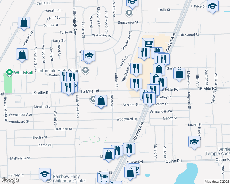 map of restaurants, bars, coffee shops, grocery stores, and more near 35035 Golden Street in Clinton Township