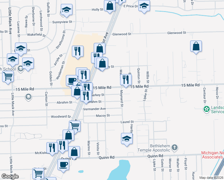 map of restaurants, bars, coffee shops, grocery stores, and more near 35192 South Gratiot Avenue in Clinton Township