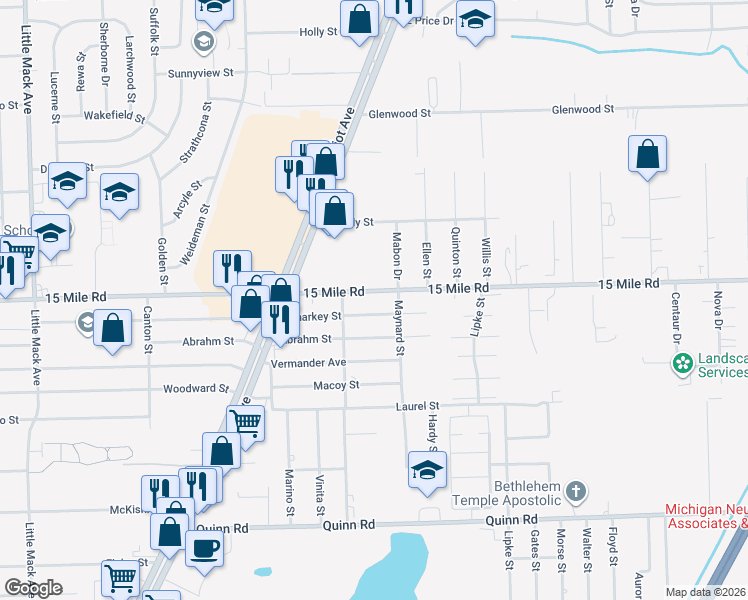 map of restaurants, bars, coffee shops, grocery stores, and more near 35192 South Gratiot Avenue in Clinton Township