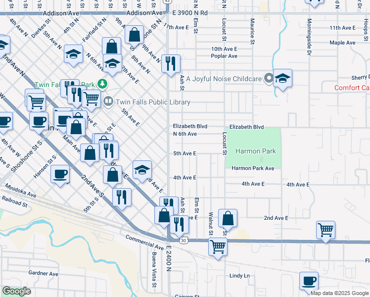 map of restaurants, bars, coffee shops, grocery stores, and more near 537 Ash Street in Twin Falls