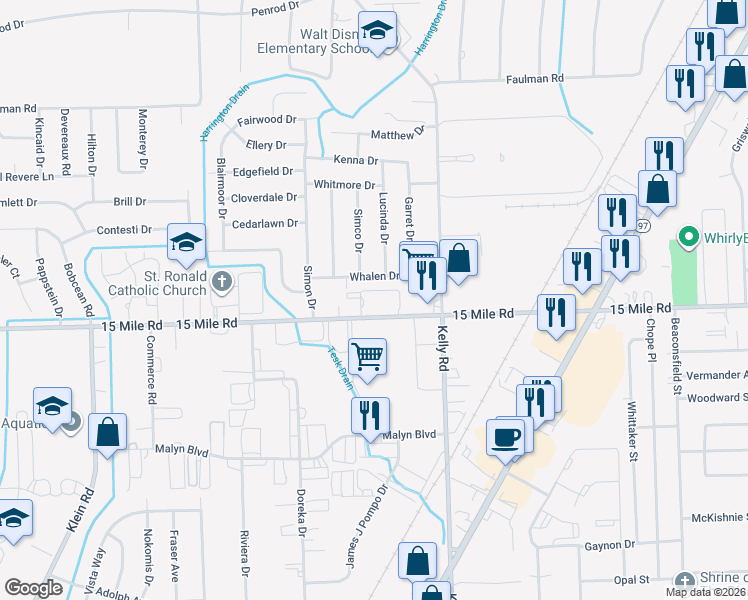 map of restaurants, bars, coffee shops, grocery stores, and more near 18306 Whalen Drive in Clinton Township
