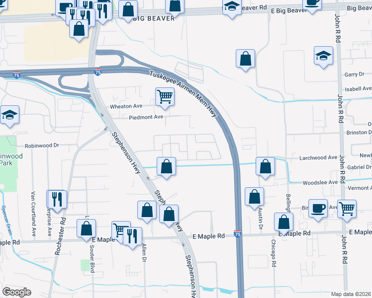 map of restaurants, bars, coffee shops, grocery stores, and more near 2112 Ida Drive in Troy