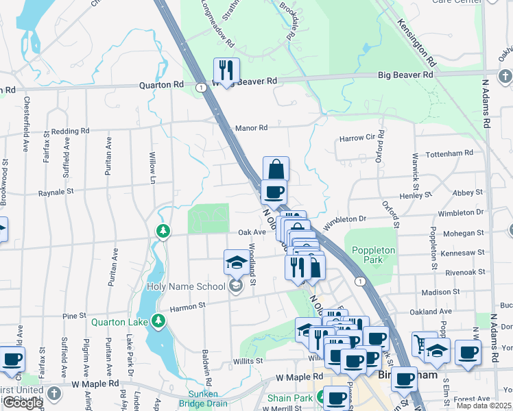 map of restaurants, bars, coffee shops, grocery stores, and more near 1027 North Old Woodward Avenue in Birmingham