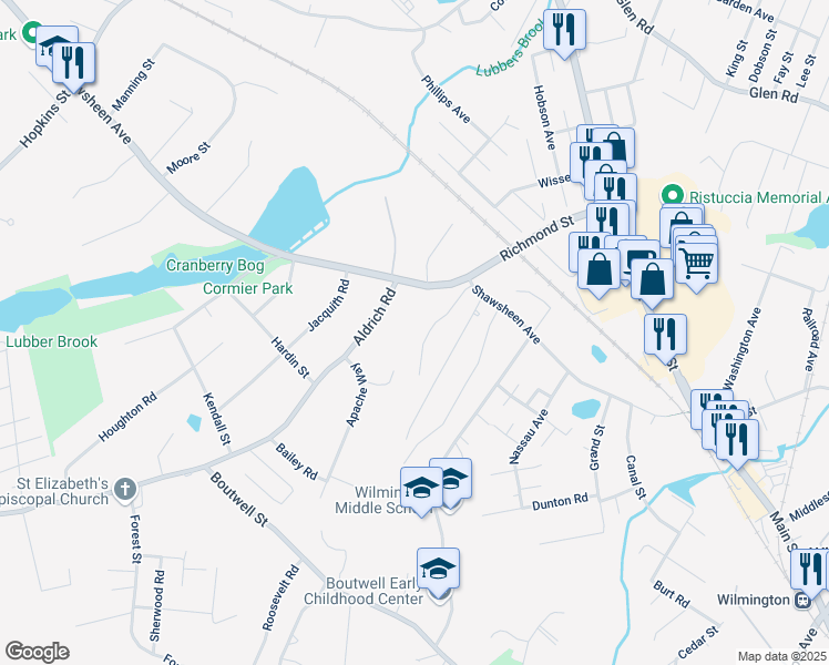 map of restaurants, bars, coffee shops, grocery stores, and more near 16 Aldrich Road in Wilmington