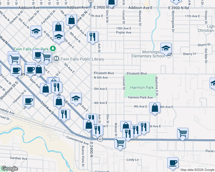 map of restaurants, bars, coffee shops, grocery stores, and more near 1302 6th Avenue East in Twin Falls