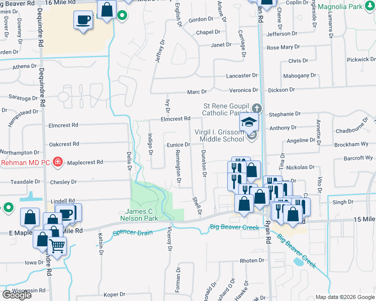 map of restaurants, bars, coffee shops, grocery stores, and more near 35711 Shell Drive in Sterling Heights