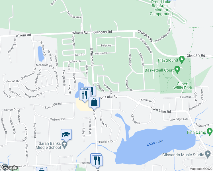 map of restaurants, bars, coffee shops, grocery stores, and more near 2335 Brigantine in Commerce Charter Township