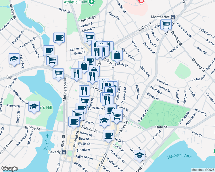 map of restaurants, bars, coffee shops, grocery stores, and more near 13 Chestnut Park in Beverly