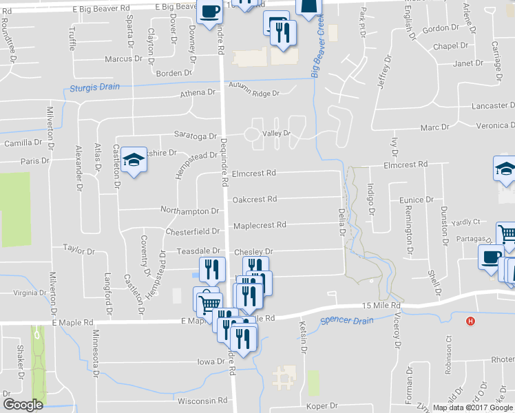 map of restaurants, bars, coffee shops, grocery stores, and more near 2094 Oakcrest Road in Sterling Heights