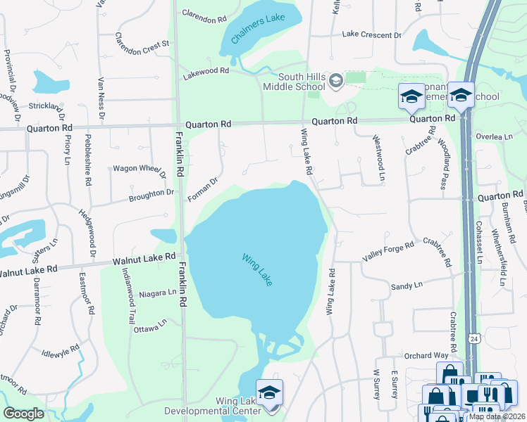 map of restaurants, bars, coffee shops, grocery stores, and more near 4395 Oak Grove Drive in Bloomfield Hills