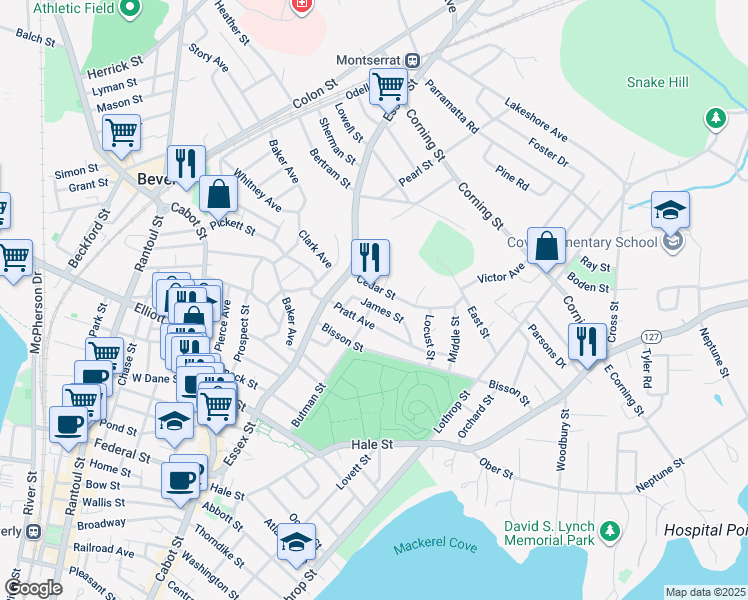 map of restaurants, bars, coffee shops, grocery stores, and more near 10 Cedar Street in Beverly