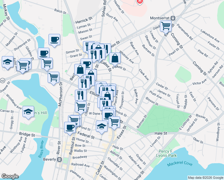 map of restaurants, bars, coffee shops, grocery stores, and more near 341 Cabot Street in Beverly
