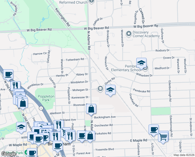 map of restaurants, bars, coffee shops, grocery stores, and more near 964 North Adams Road in Birmingham