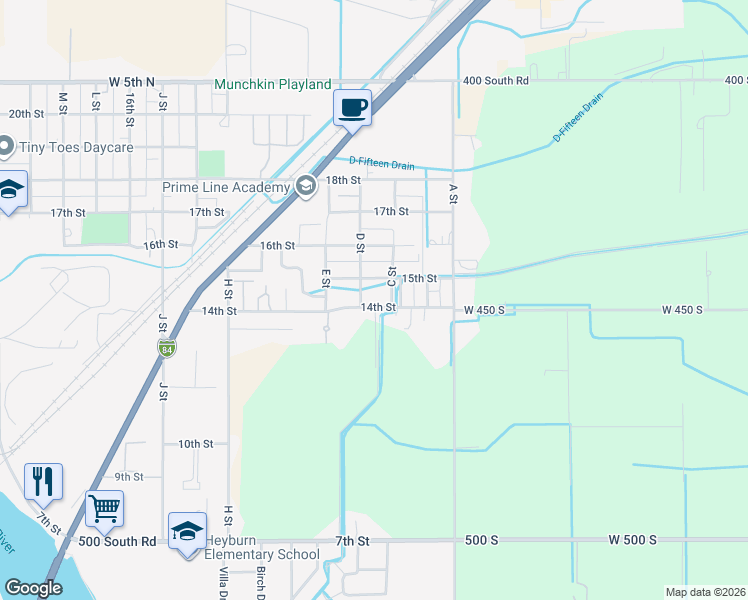 map of restaurants, bars, coffee shops, grocery stores, and more near 1440 D Street in Heyburn