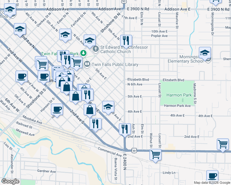 map of restaurants, bars, coffee shops, grocery stores, and more near 460 5th Avenue East in Twin Falls
