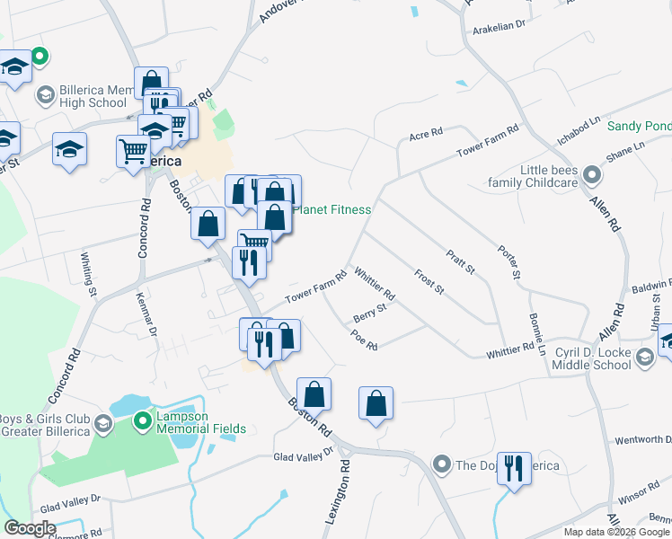 map of restaurants, bars, coffee shops, grocery stores, and more near 16 Tower Farm Road in Billerica