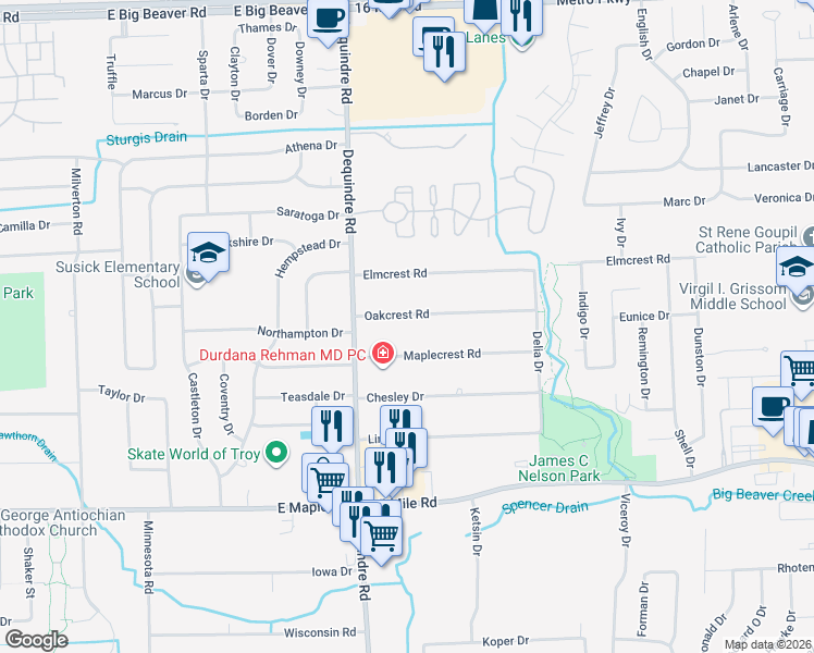 map of restaurants, bars, coffee shops, grocery stores, and more near 2094 Oakcrest Road in Sterling Heights