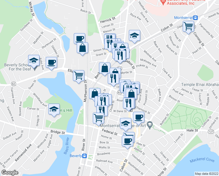 map of restaurants, bars, coffee shops, grocery stores, and more near 76 Elliott Street in Beverly