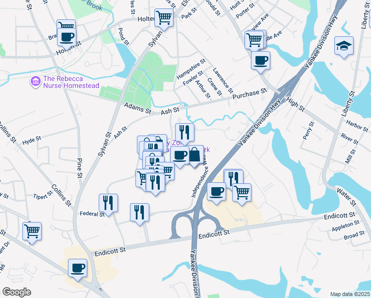 map of restaurants, bars, coffee shops, grocery stores, and more near 275 Independence Way in Danvers