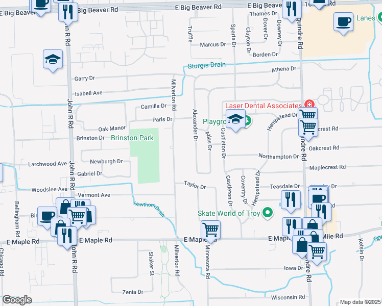 map of restaurants, bars, coffee shops, grocery stores, and more near 2182 Milverton Drive in Troy
