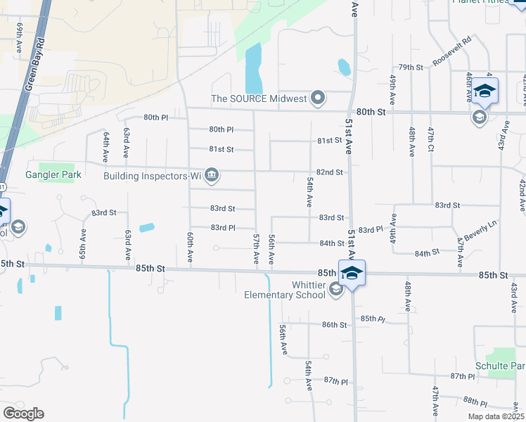 map of restaurants, bars, coffee shops, grocery stores, and more near 8249 57th Avenue in Kenosha