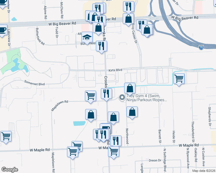 map of restaurants, bars, coffee shops, grocery stores, and more near 2260 Crooks Road in Troy