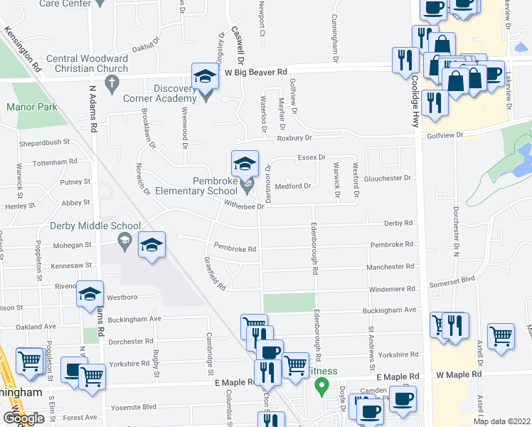 map of restaurants, bars, coffee shops, grocery stores, and more near 3481 Witherbee Drive in Troy