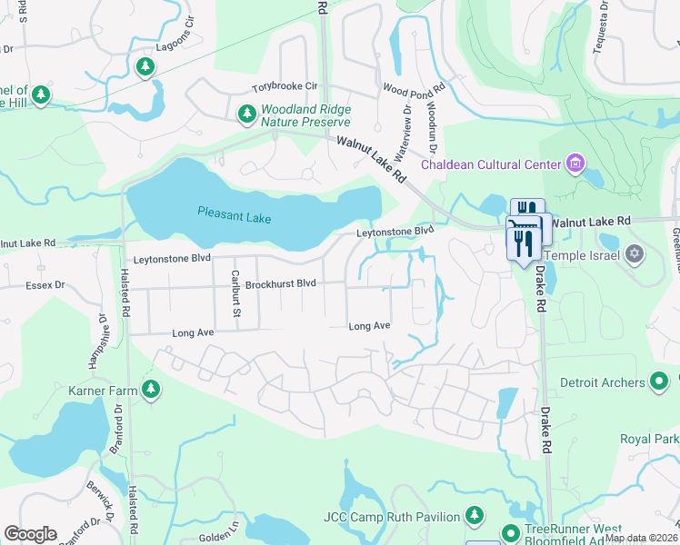 map of restaurants, bars, coffee shops, grocery stores, and more near 5563 Linton Street in West Bloomfield Township