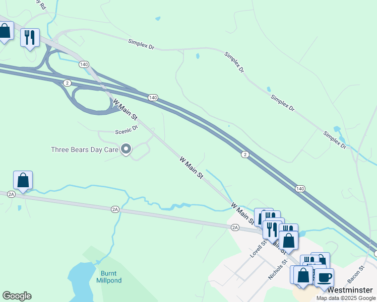 map of restaurants, bars, coffee shops, grocery stores, and more near 69 West Main Street in Westminster