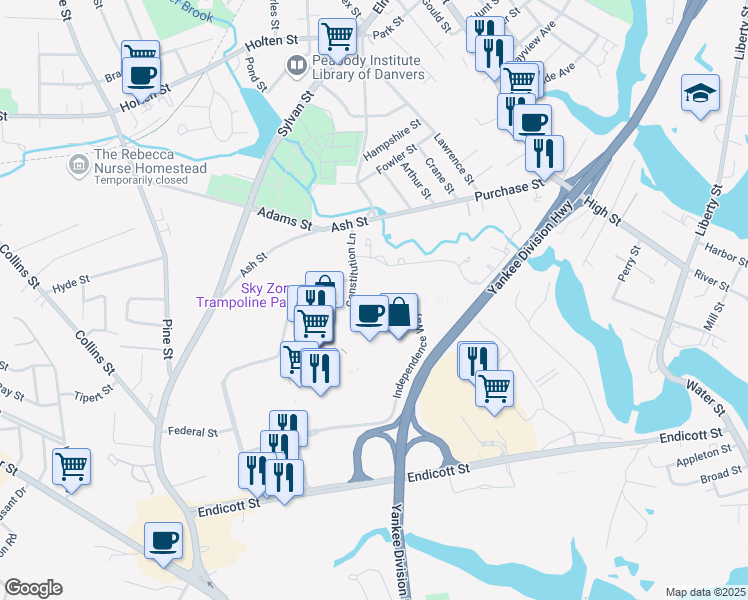 map of restaurants, bars, coffee shops, grocery stores, and more near 275 Independence Way in Danvers