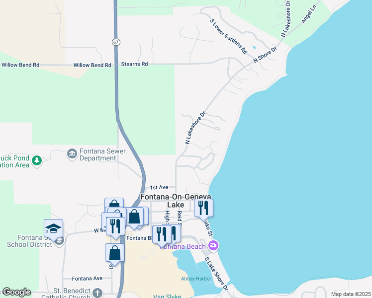 map of restaurants, bars, coffee shops, grocery stores, and more near 258 North Lake Shore Drive in Fontana-on-Geneva Lake