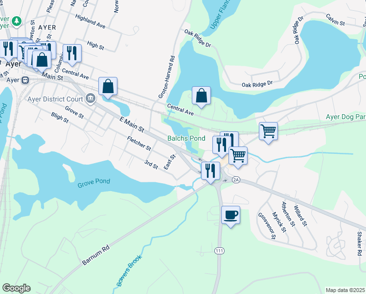 map of restaurants, bars, coffee shops, grocery stores, and more near 108 East Main Street in Ayer