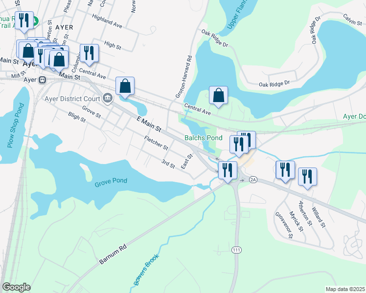 map of restaurants, bars, coffee shops, grocery stores, and more near 93 East Main Street in Ayer