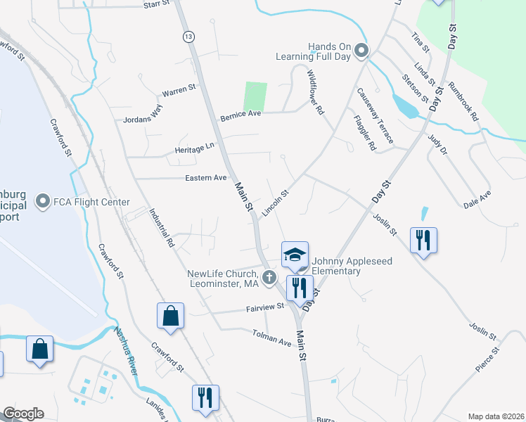 map of restaurants, bars, coffee shops, grocery stores, and more near 16 Lincoln Street in Leominster