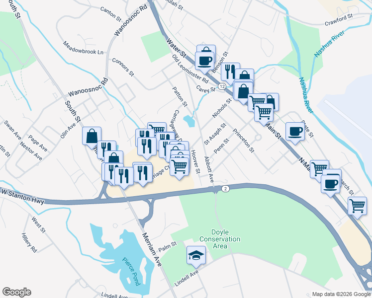 map of restaurants, bars, coffee shops, grocery stores, and more near 95 Carriageway Drive in Leominster
